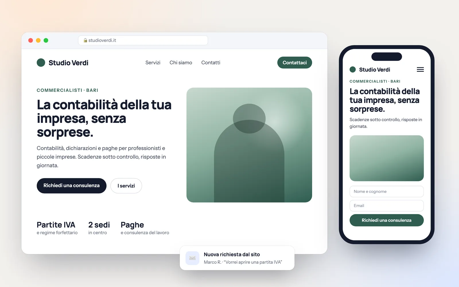 Sito di uno studio di commercialisti visto da computer e da smartphone, con modulo per richiedere una consulenza e notifica di una nuova richiesta arrivata dal sito
